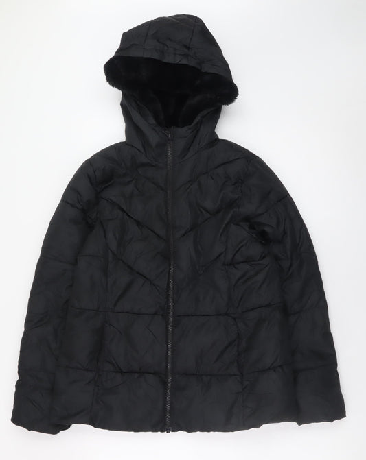 Wonder Nation Womens Black Hooded Puffer Jacket Size 14-16 Winter Coat