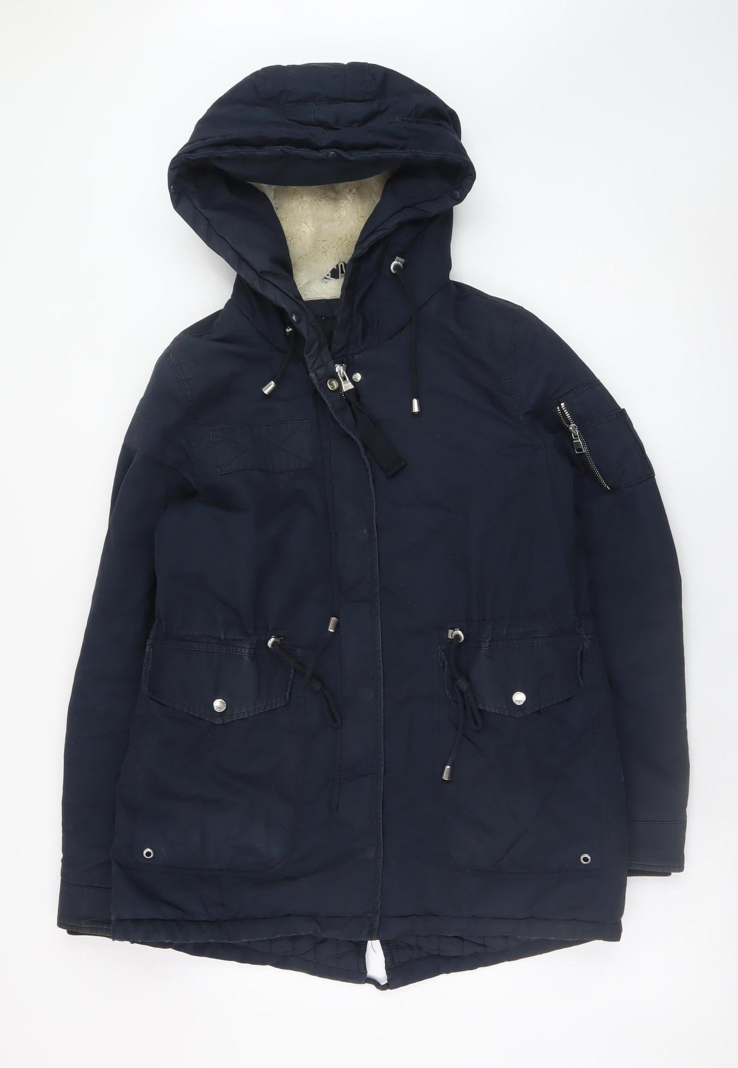 Bershka Women Blue Hooded Parka Coat Size 8 Lined Winter Jacket