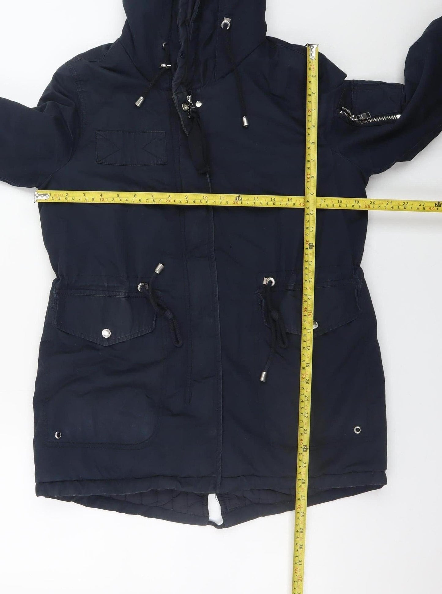 Bershka Women Blue Hooded Parka Coat Size 8 Lined Winter Jacket
