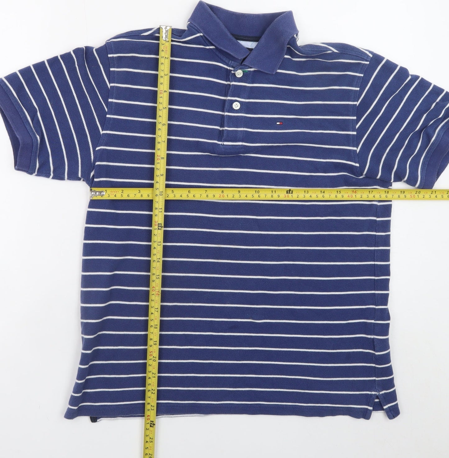 Tommy Hilfiger Men Blue Striped Cotton Polo Shirt Size L