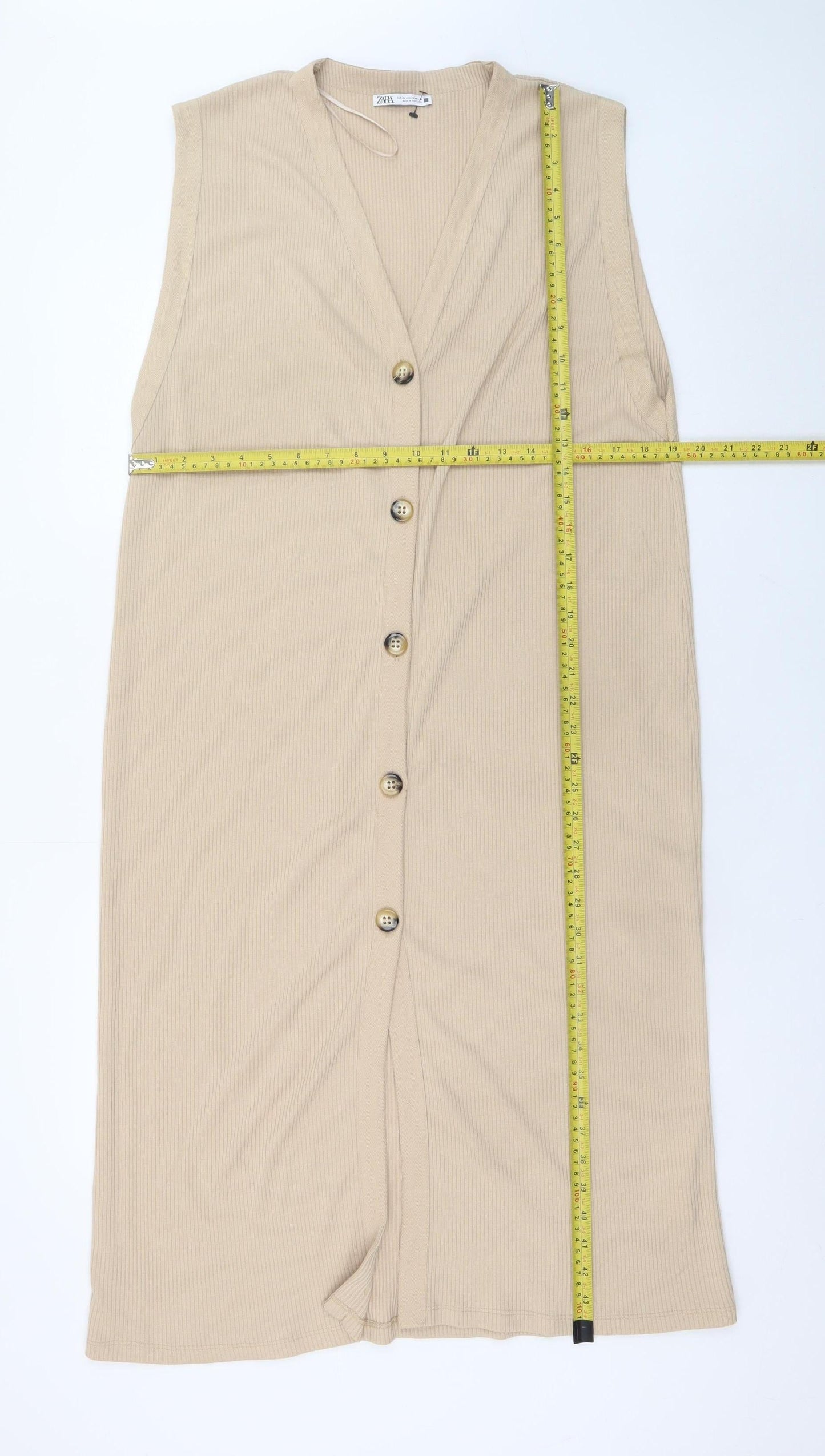 ZARA Women’s Beige Knit Midi Shift Dress XL Sleeveless Button Front