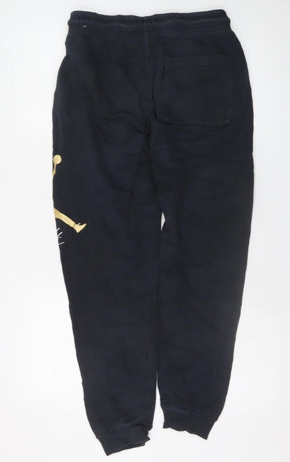 Close-up detail of Jordan Men's Black Regular Fit Sweatpants Small with Gold Logo
