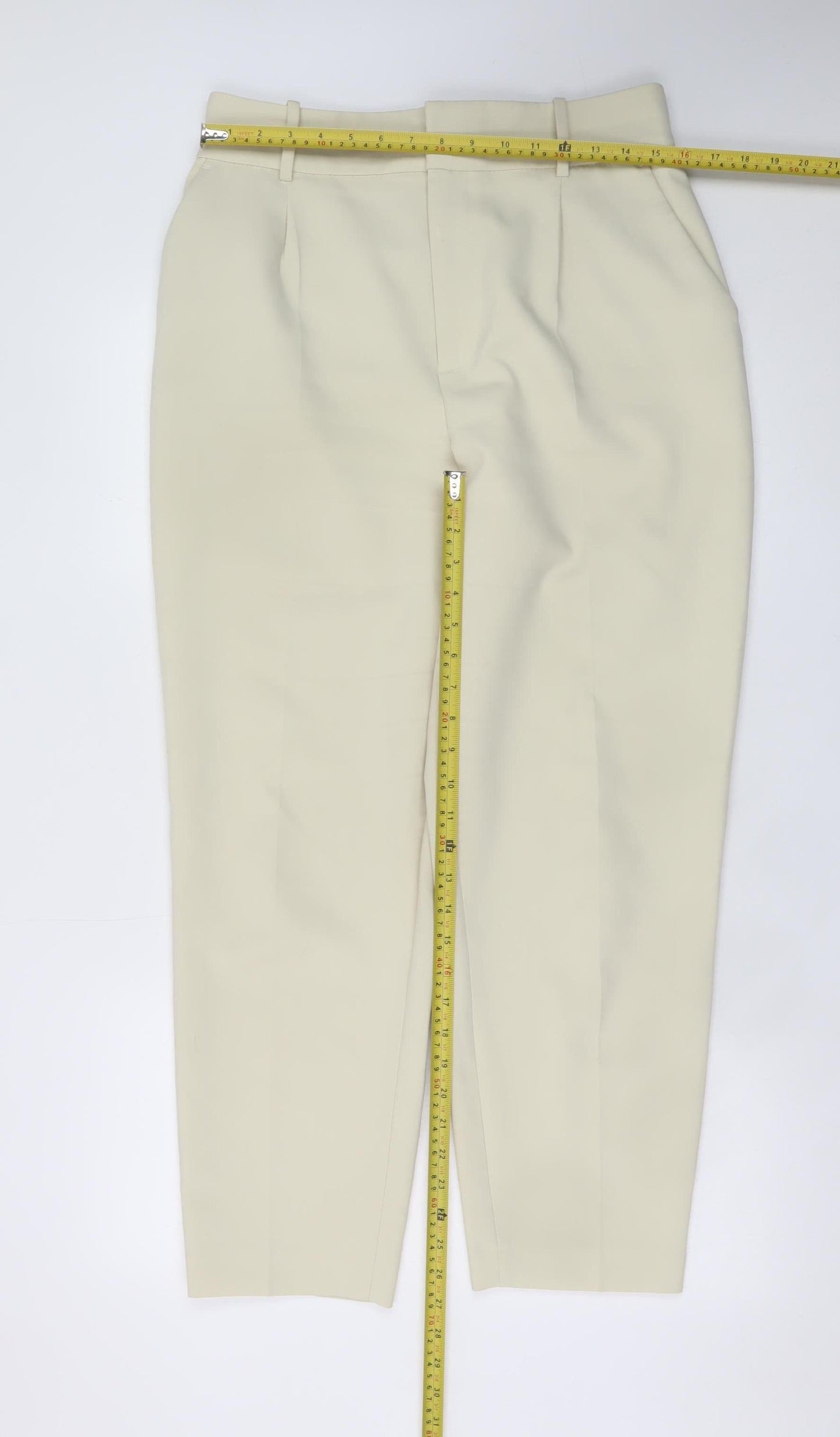 ZARA Women Beige Pleated Tapered Trousers L Size Tailored Workwear