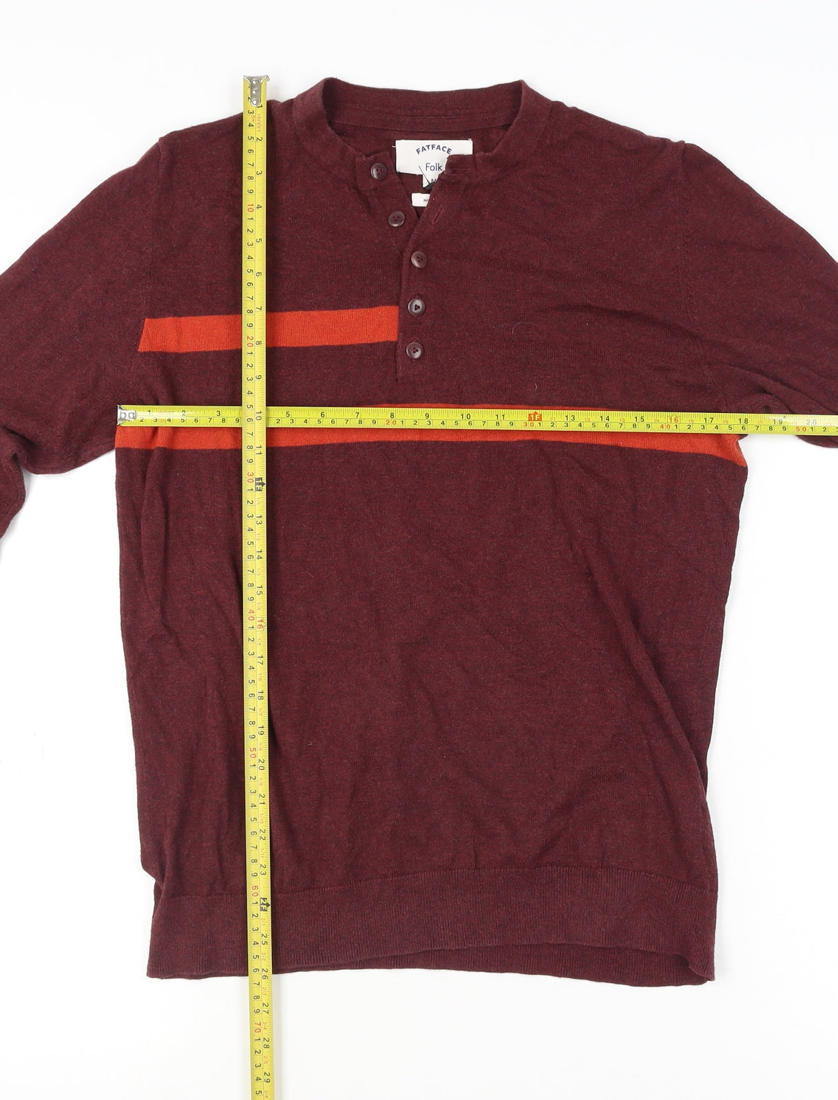 FatFace Men's Red Henley Jumper M Striped Cotton Classic Knit