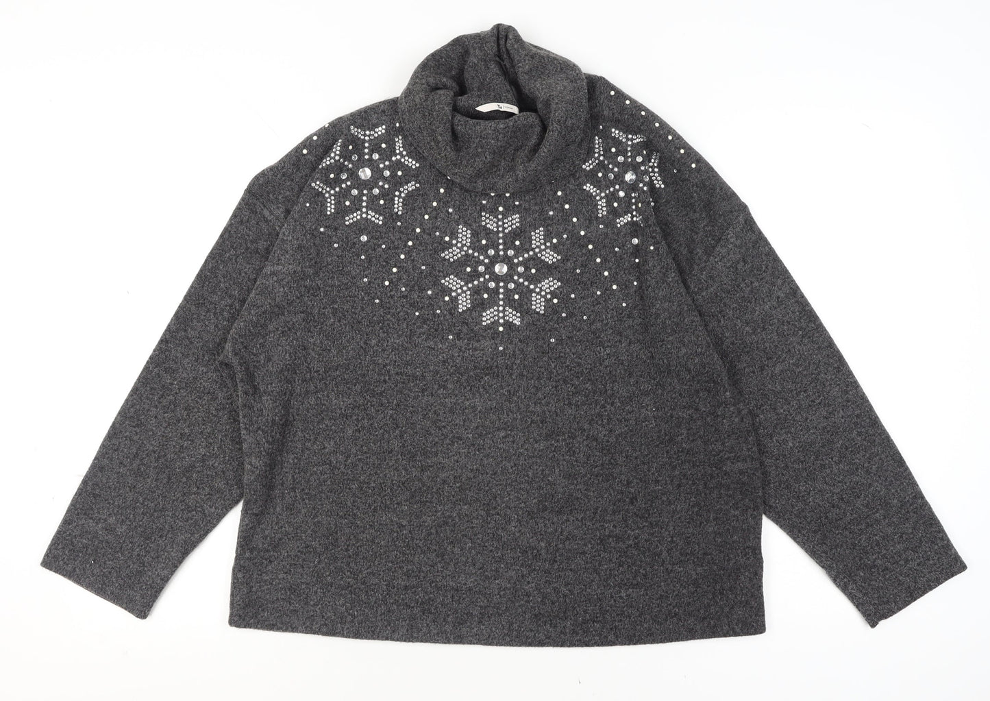 Tu Women Grey Roll Neck Embellished Jumper Size 16