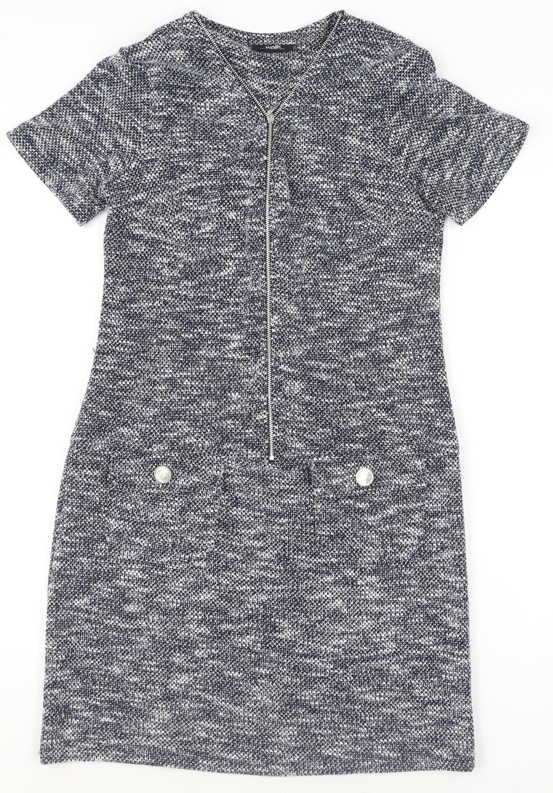 Wallis Women’s Grey Knit Shift Dress Size 10 Short Sleeve Zip Detail
