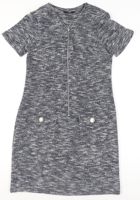 Wallis Women’s Grey Knit Shift Dress Size 10 Short Sleeve Zip Detail