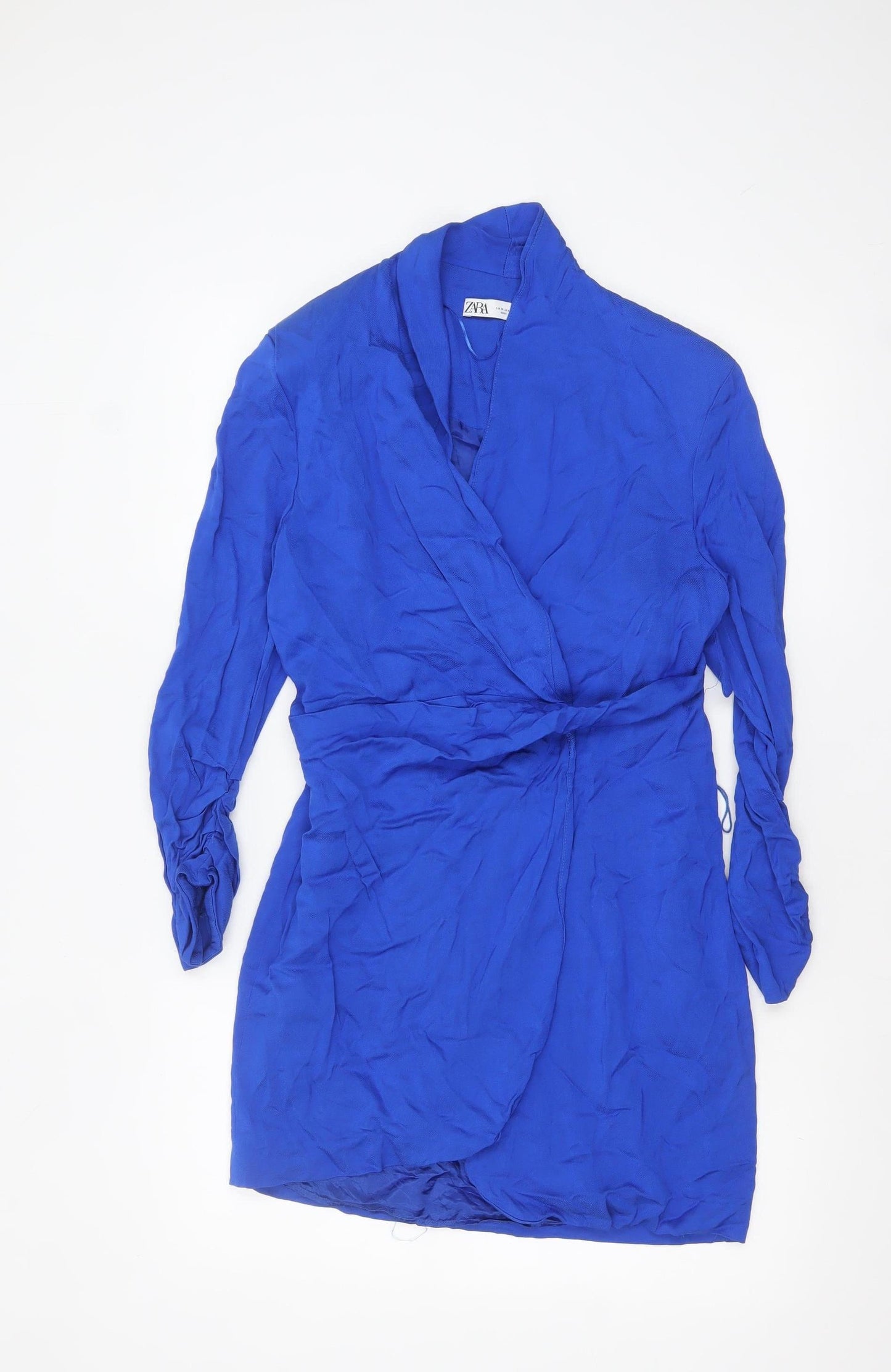 Zara Women Blue Viscose Wrap Dress Size 12 Long Sleeve Short Belted