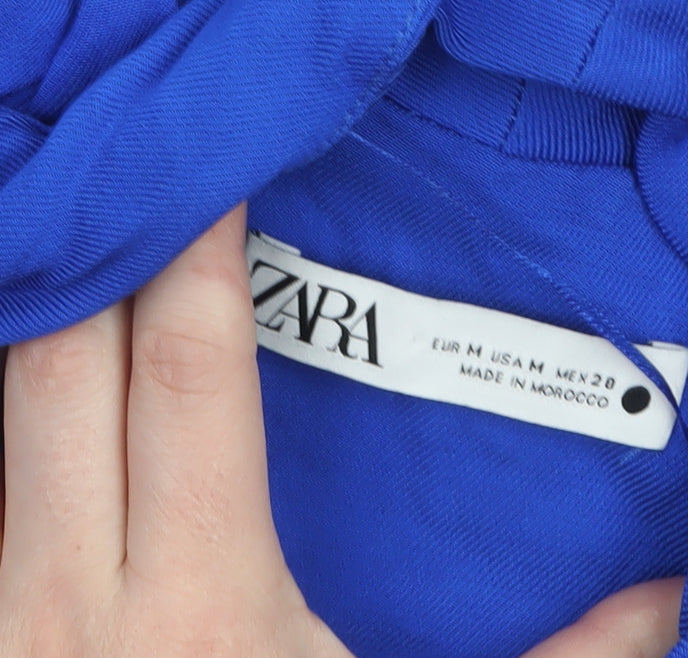 Zara Women Blue Viscose Wrap Dress Size 12 Long Sleeve Short Belted