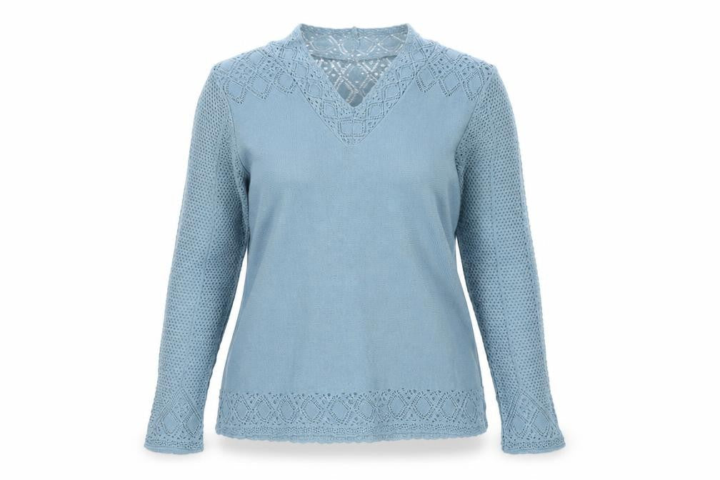 Afibel Women Blue Acrylic V-Neck Crochet Knit Jumper Size 14