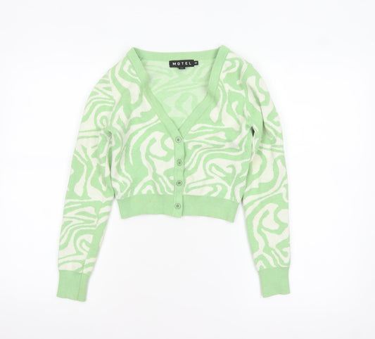 Motel Womens Green XS V-Neck Geometric Knit Cardigan