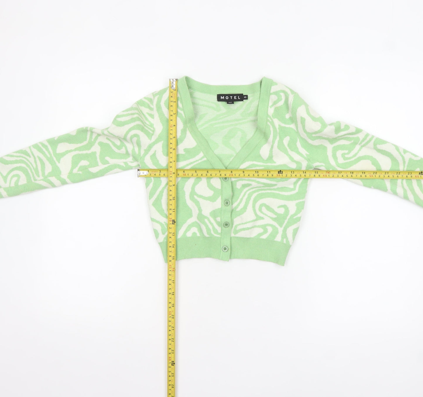 Motel Womens Green XS V-Neck Geometric Knit Cardigan