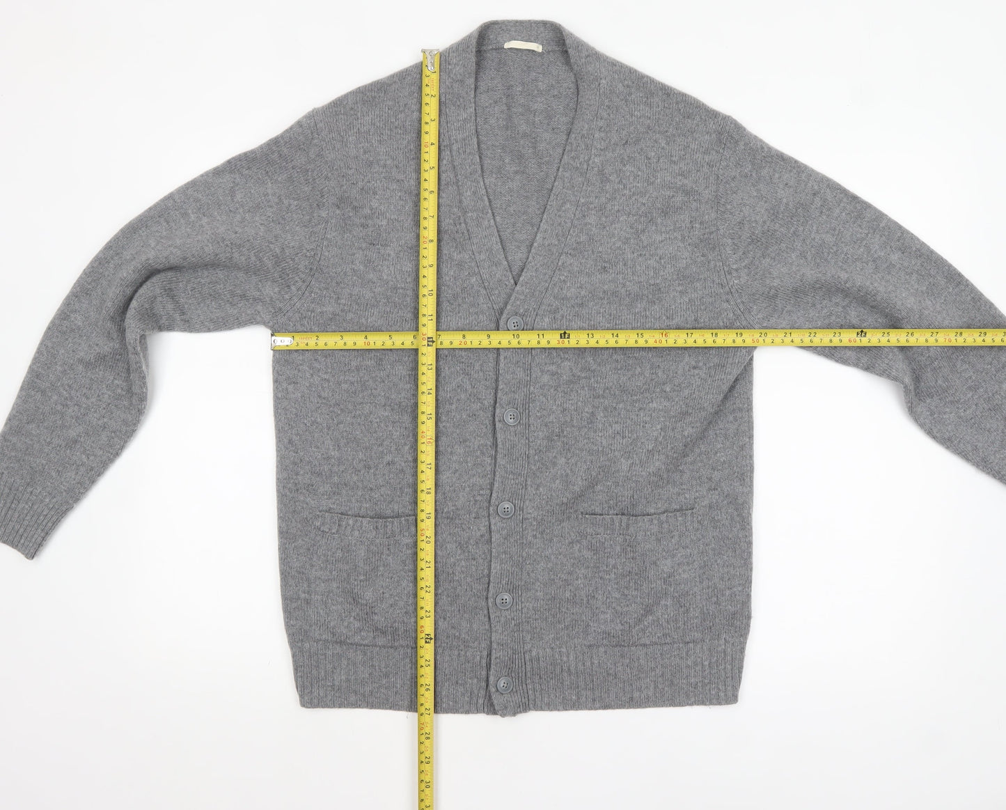 GU Men's Grey Wool Blend Cardigan M V-Neck Knit Jumper