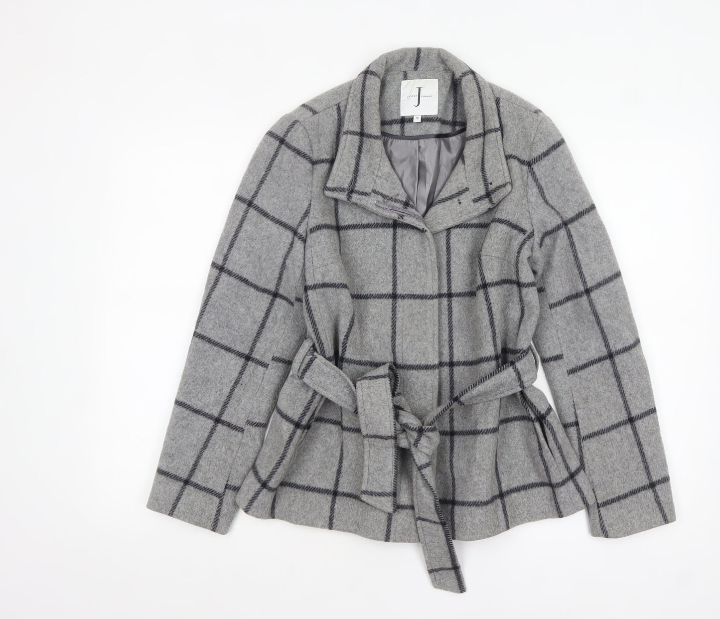 Jasper Conran Women's Grey Check Wool Belted Mid-Length Coat Size 10