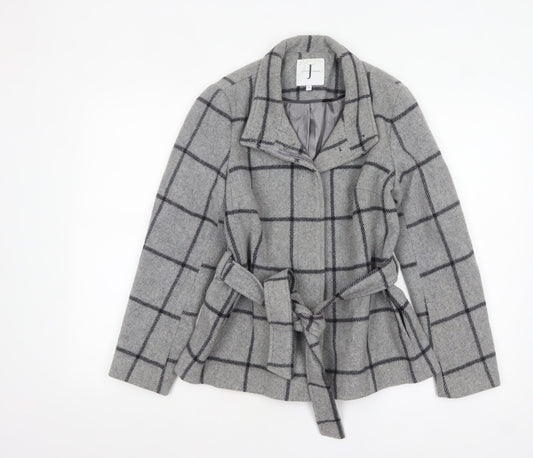 Jasper Conran Women's Grey Check Wool Belted Mid-Length Coat Size 10
