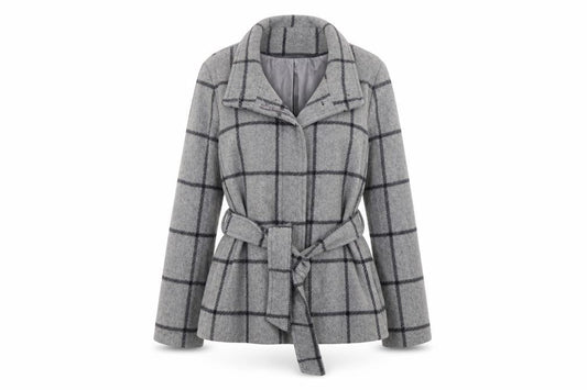 Jasper Conran Women's Grey Check Wool Belted Mid-Length Coat Size 10
