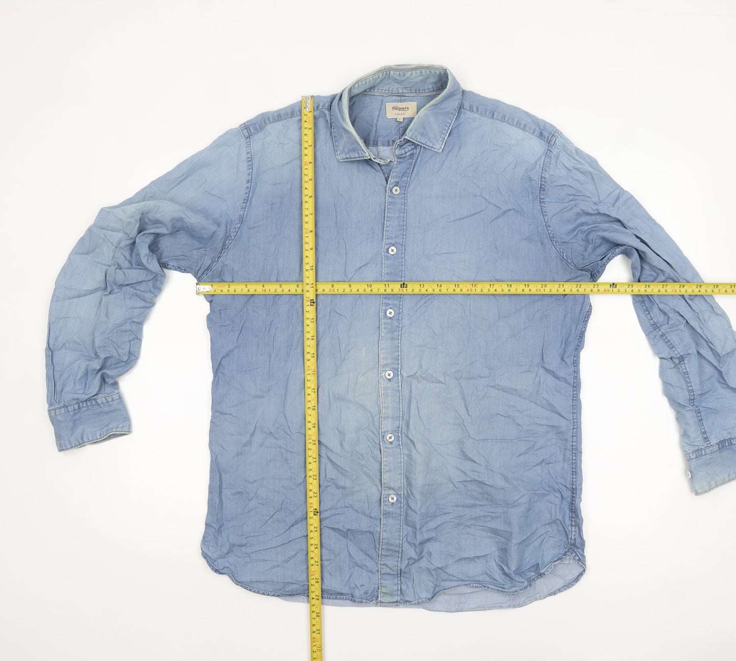 T.M.Lewin Men's Blue Denim Cotton Long Sleeve Casual Shirt L