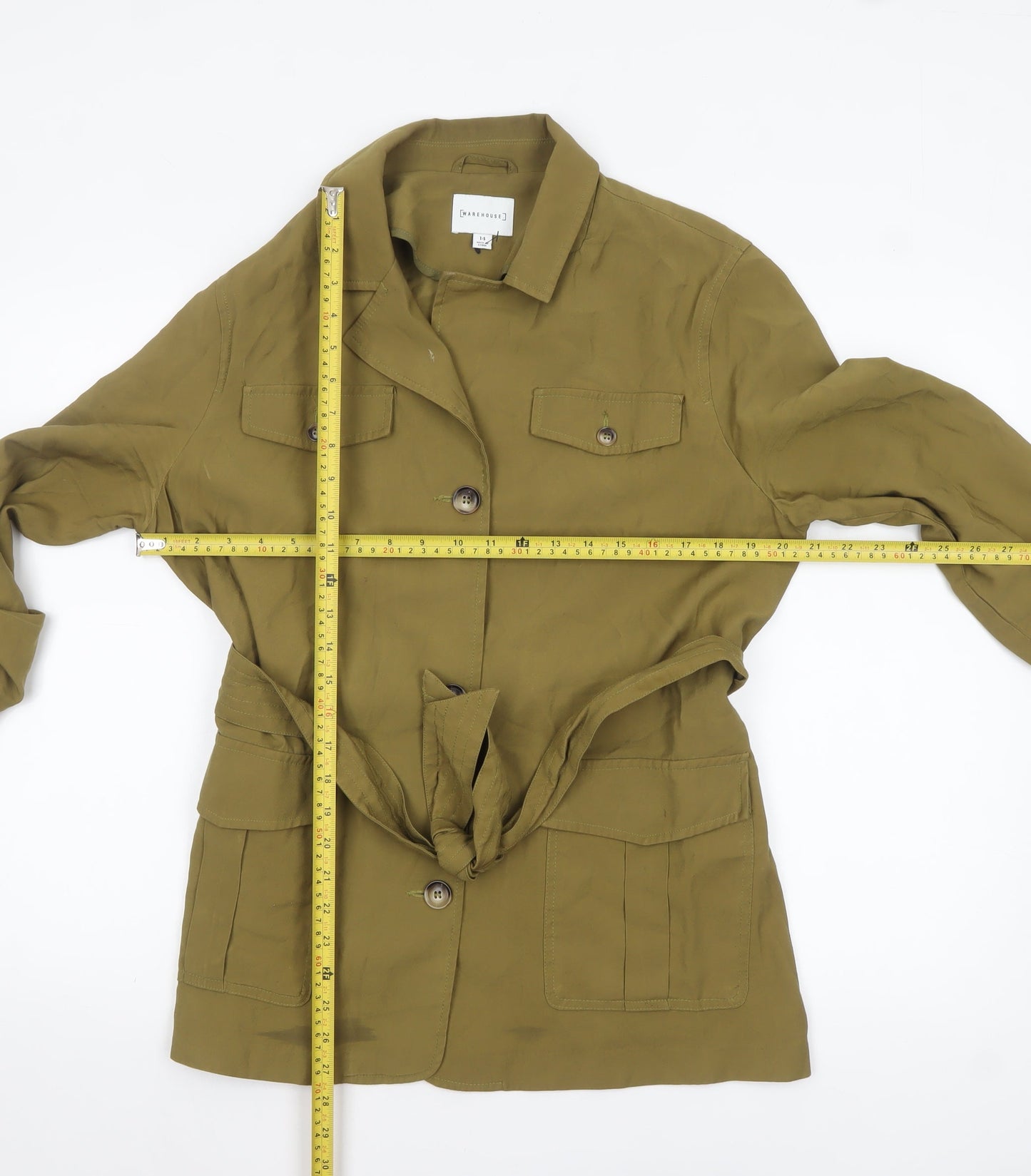 Warehouse Women's Green Military Belted Jacket Size 14