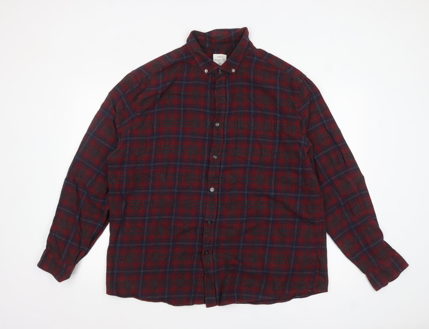 Marks and Spencer Men’s Red Check Flannel Button-Up Shirt 2XL Regular Fit