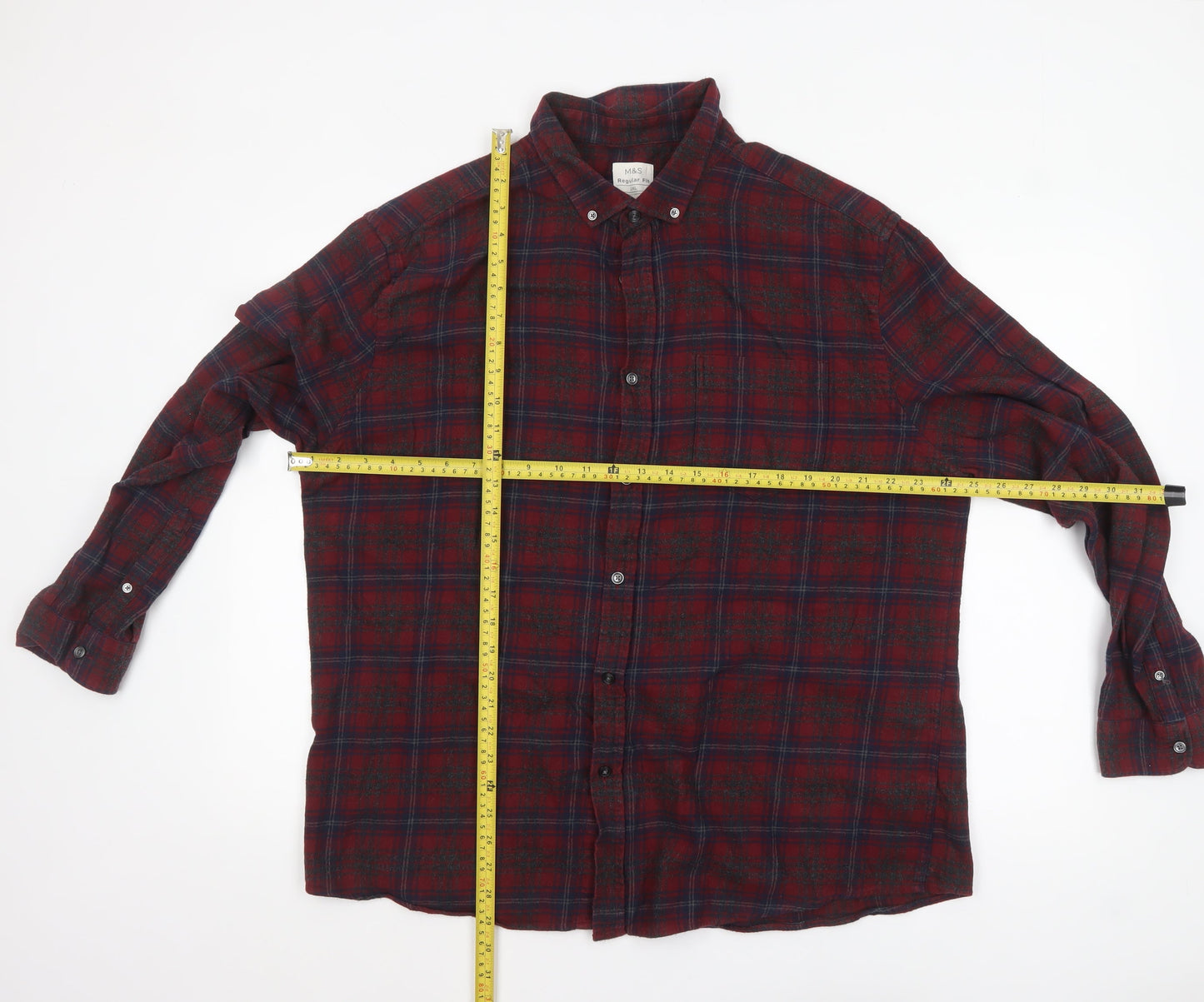 Marks and Spencer Men’s Red Check Flannel Button-Up Shirt 2XL Regular Fit