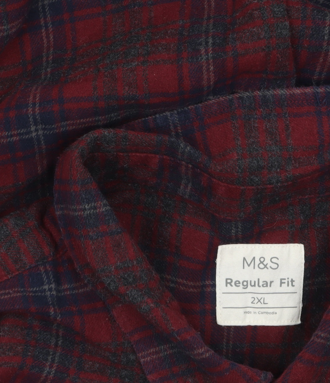 Marks and Spencer Men’s Red Check Flannel Button-Up Shirt 2XL Regular Fit