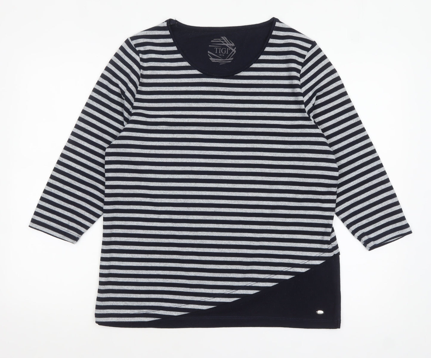 TIGI Womens Blue Striped 3/4 Sleeve Jersey Top Size 14/16