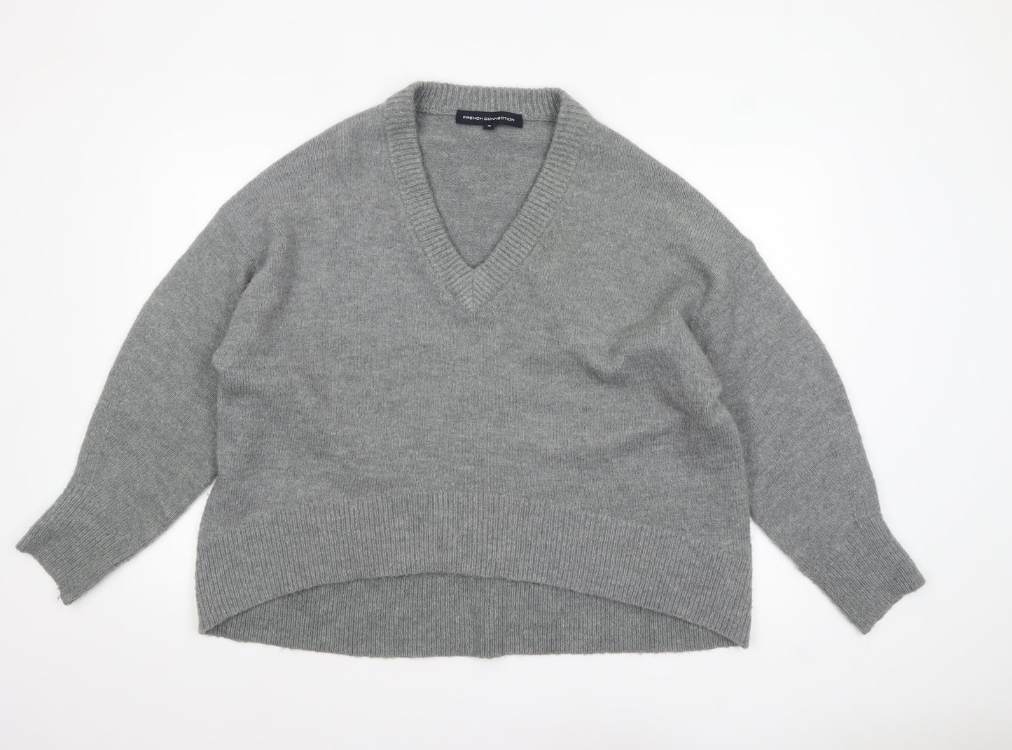 French Connection Womens Grey V-Neck Relaxed Knit Jumper Size M