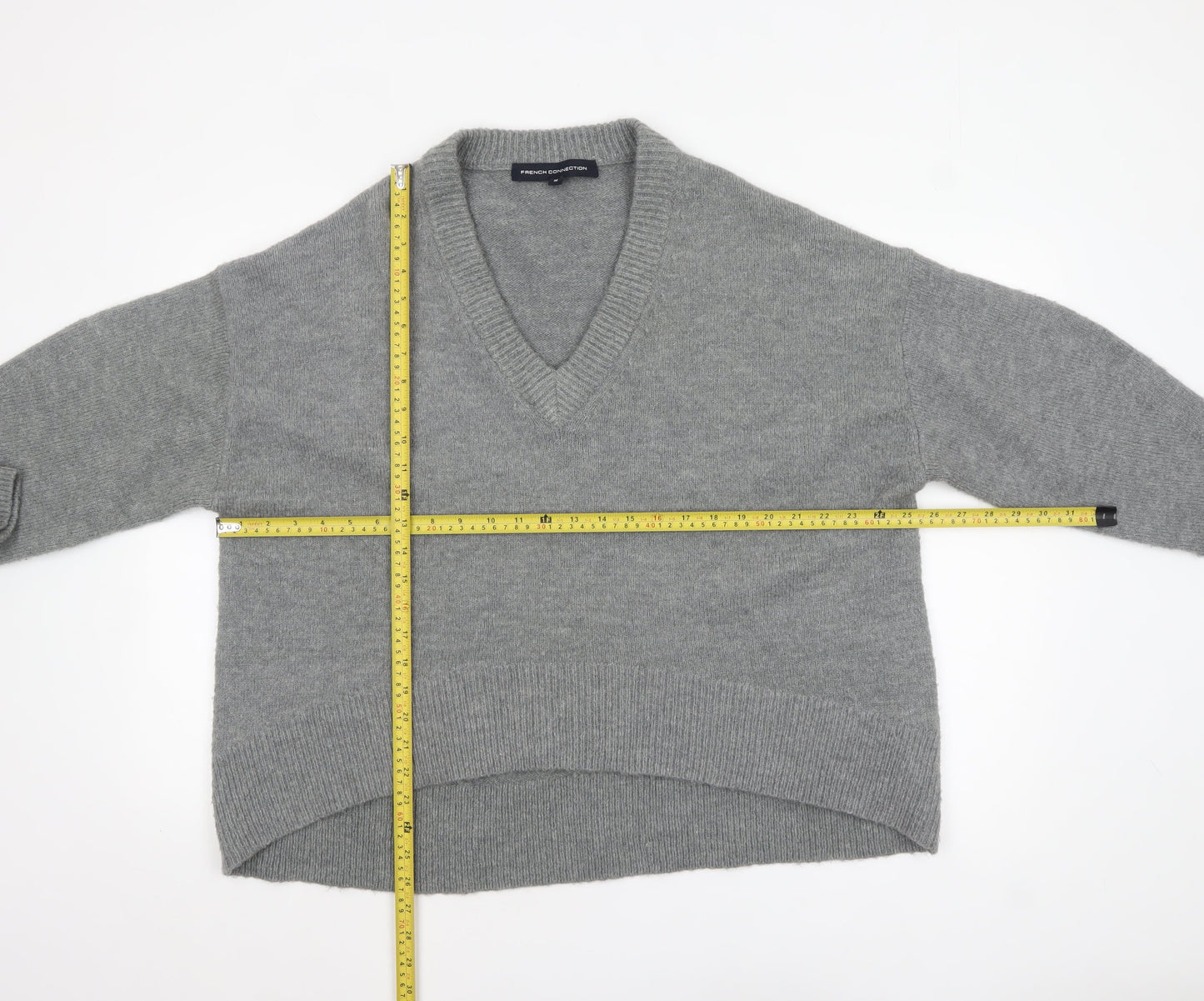French Connection Womens Grey V-Neck Relaxed Knit Jumper Size M