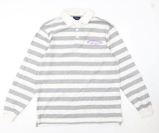 McGregor Men's Grey White Striped Long Sleeve Polo Shirt L