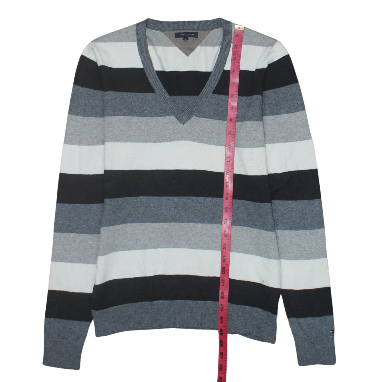 Tommy Hilfiger Men's Multicoloured V-Neck Striped Cotton Jumper L
