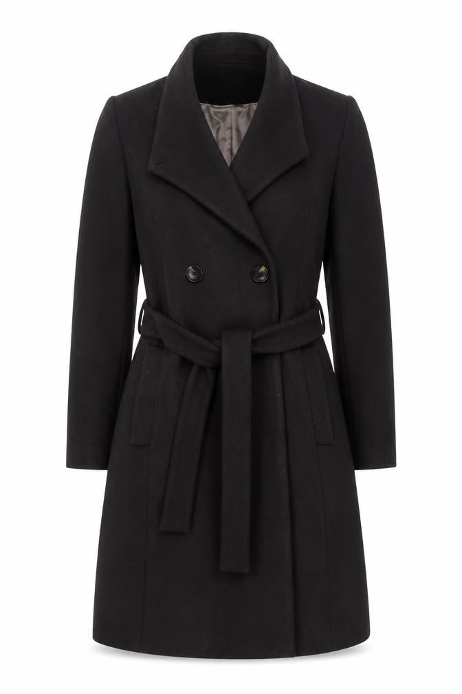 Viyella Women's Black Wool Blend Belted Mid-Length Overcoat Size 12