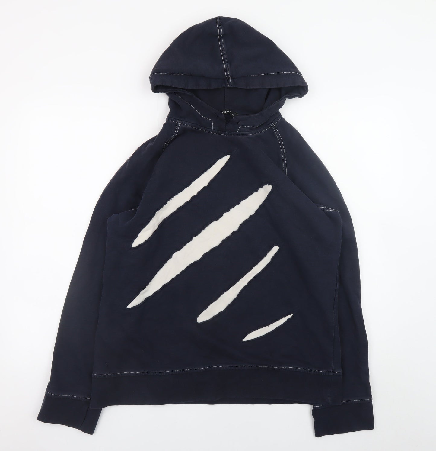 Topman Men's Navy Blue XL Pullover Hoodie with Claw Slash Design