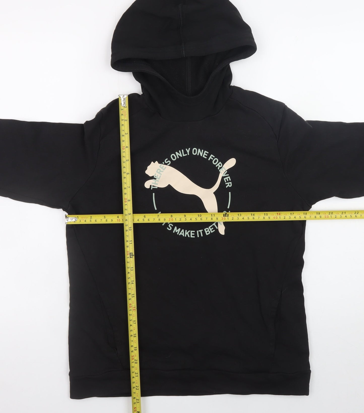 Puma Boys Black Pullover Hoodie 13-14 Years Cotton Viscose Logo Sweatshirt