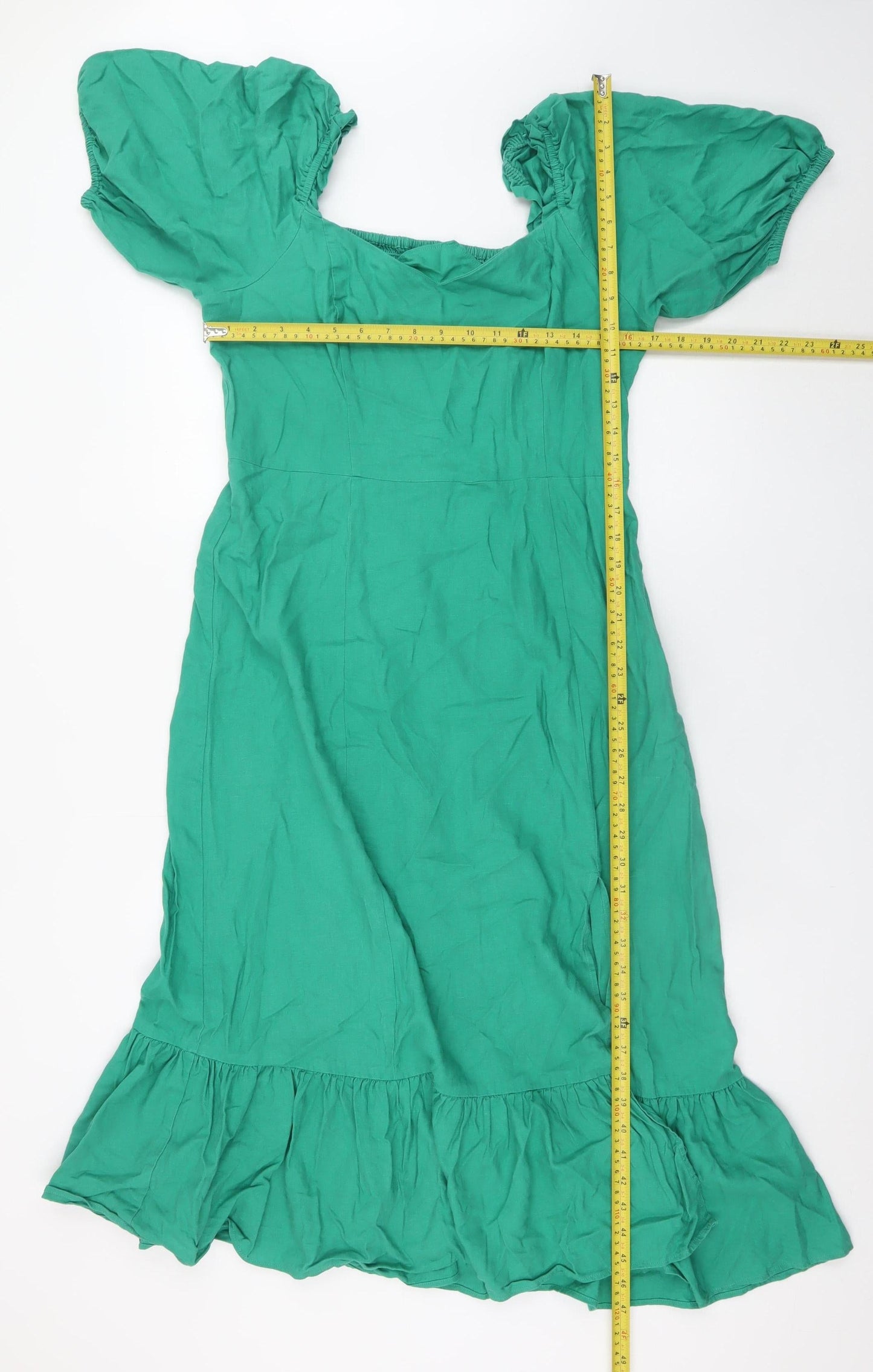 Feather & Bone London Women's Green Linen Blend Midi Puff Sleeve Dress Size 14