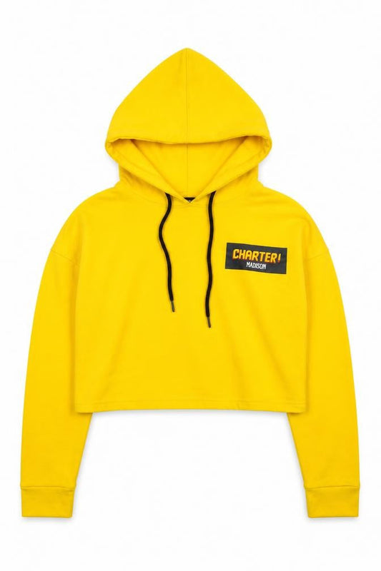 Front view of Missguided Women Yellow Cropped Pullover Hoodie UK 4 Cotton Blend