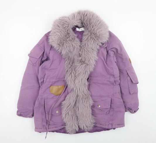 Y.J Women’s Purple Fur Trim Parka Jacket Size L Long Sleeve Winter Coat