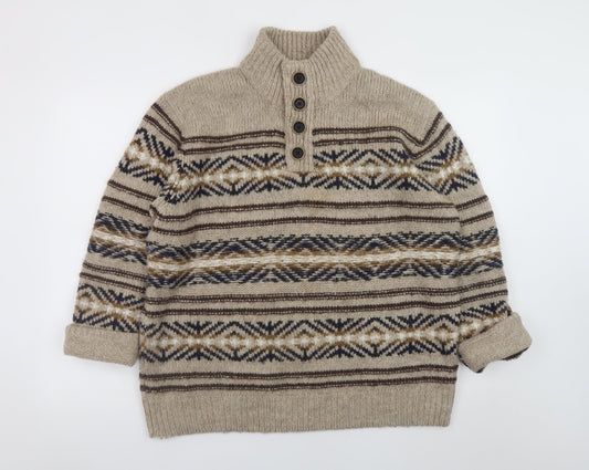 Mantaray Men's Beige Fair Isle Henley Jumper L Wool Blend Knit