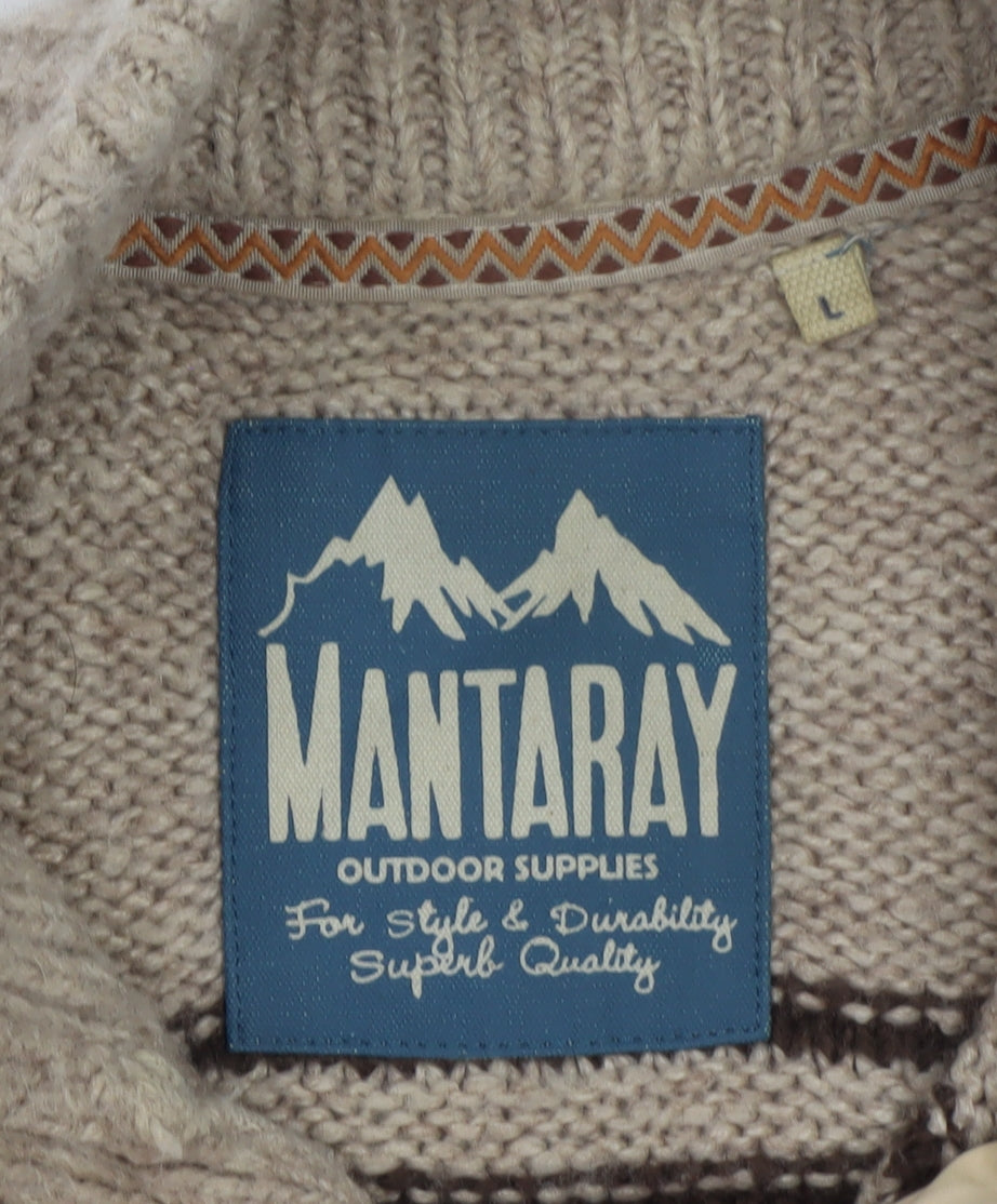 Mantaray Men's Beige Fair Isle Henley Jumper L Wool Blend Knit