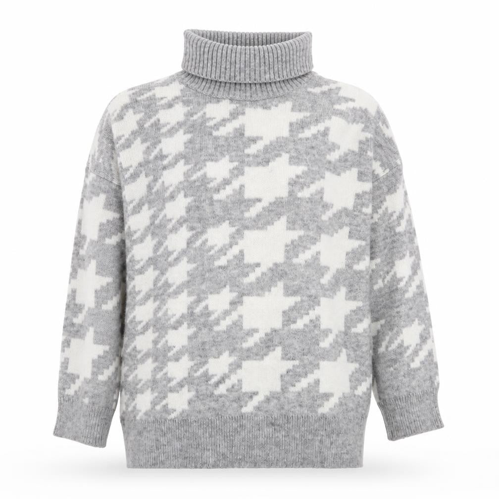 New Look Women Grey Roll Neck Houndstooth Knit Jumper Size M