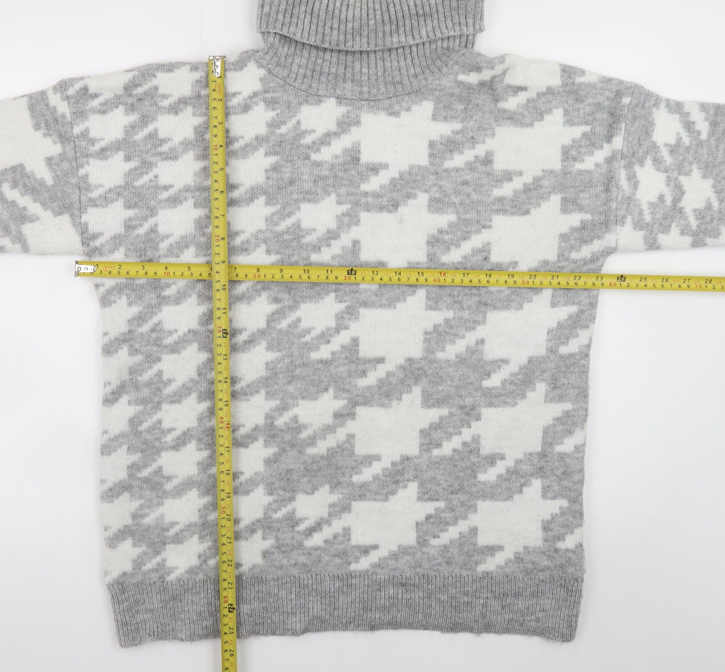 New Look Women Grey Roll Neck Houndstooth Knit Jumper Size M