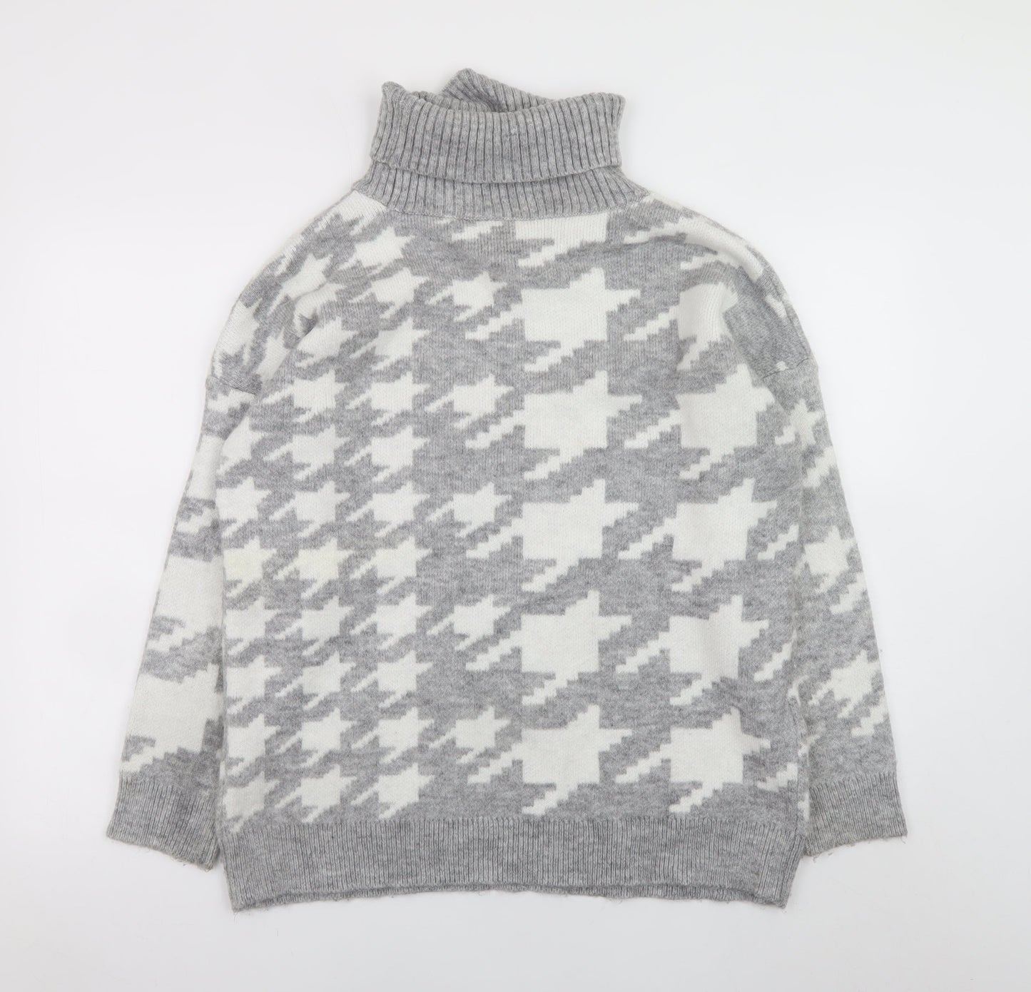 New Look Women Grey Roll Neck Houndstooth Knit Jumper Size M