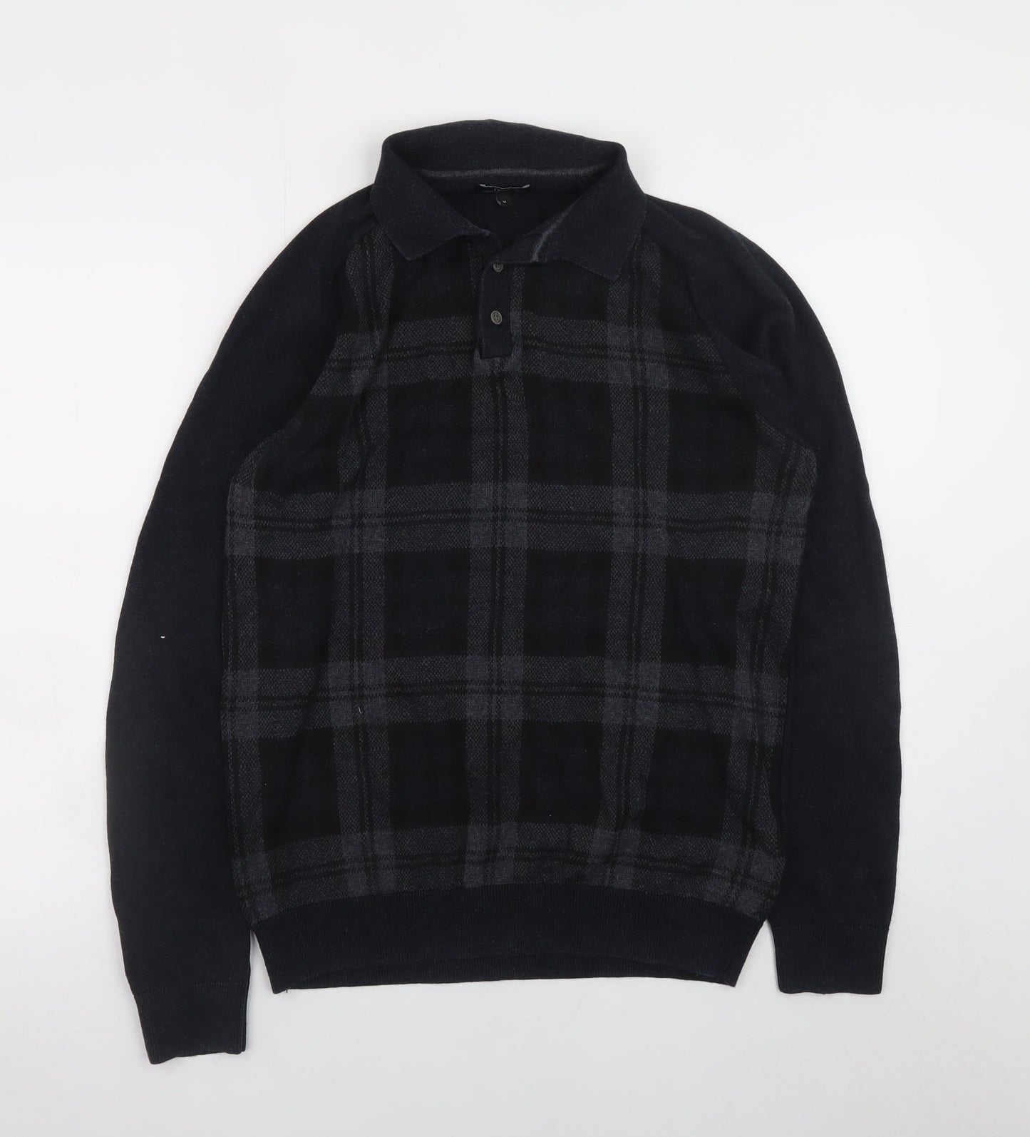 Next Men's Black Check Collared Cotton Long Sleeve Casual Shirt M