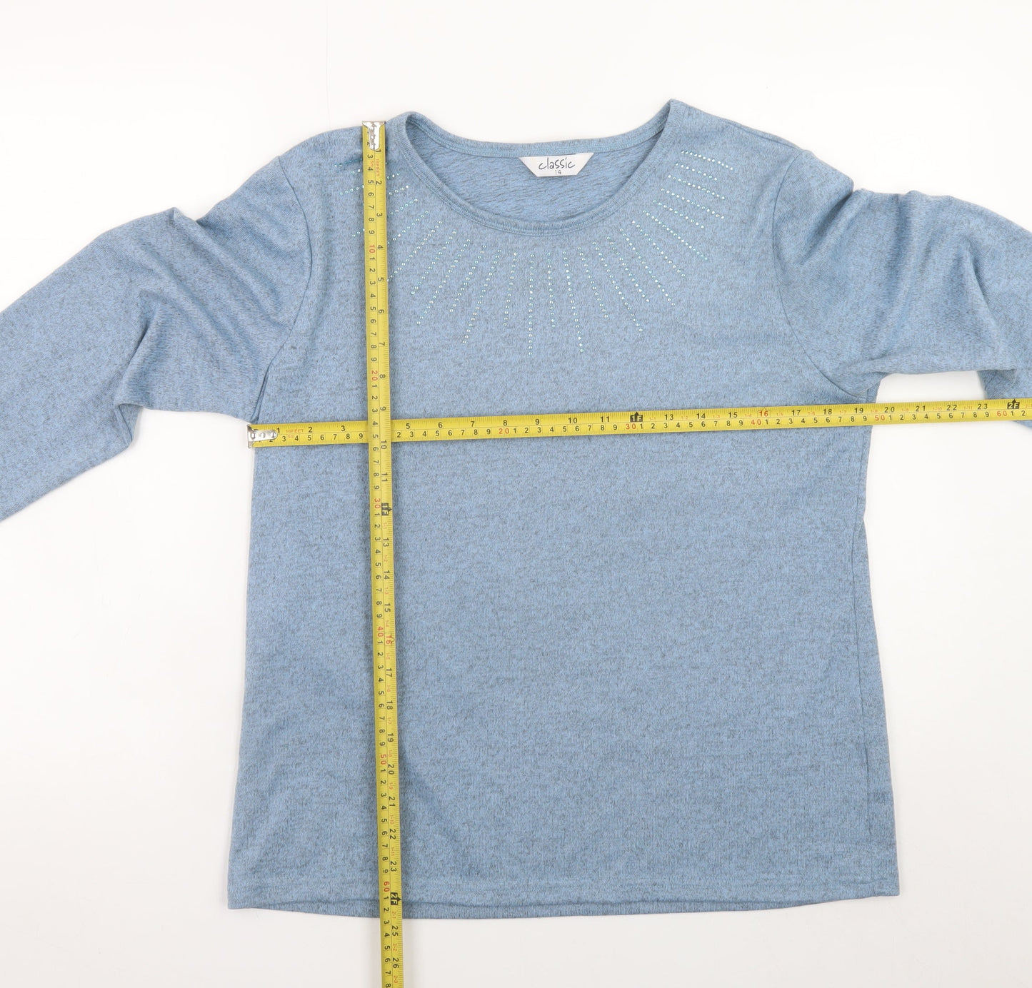 Classic Womens Blue Long Sleeve Rhinestone Crew Neck T-Shirt Size 14