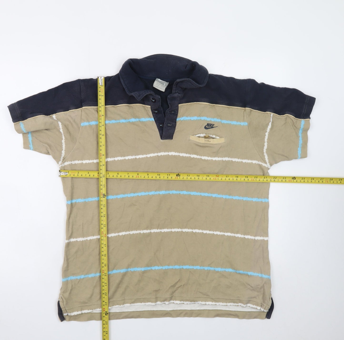 Nike Men's Beige & Navy Striped Polo Shirt Size L Cotton Casual