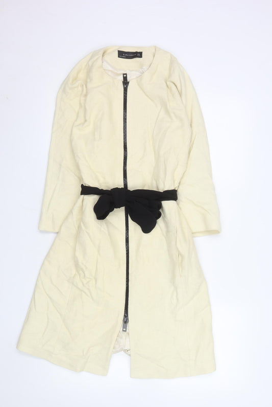 Zara Woman Ivory Cotton Blend Mid-Length Belted Coat Size 8