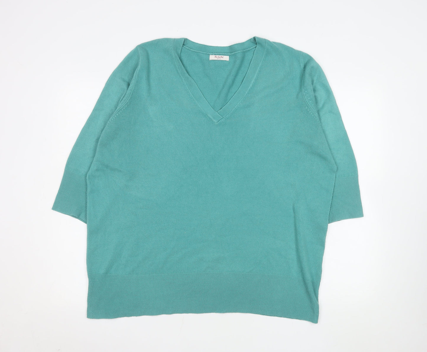 Berkertex Plus Women's Green V-Neck 3/4 Sleeve Acrylic Jumper Size 22-24