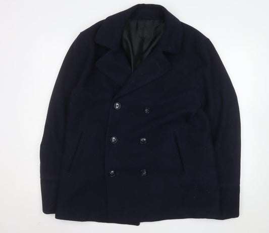 ASOS Men's Navy Wool Blend Pea Coat L 40in Chest Double Breasted