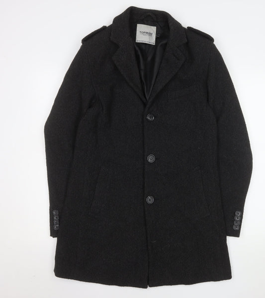 Topman Men's Black Wool Blend Mid-Length Overcoat Size M
