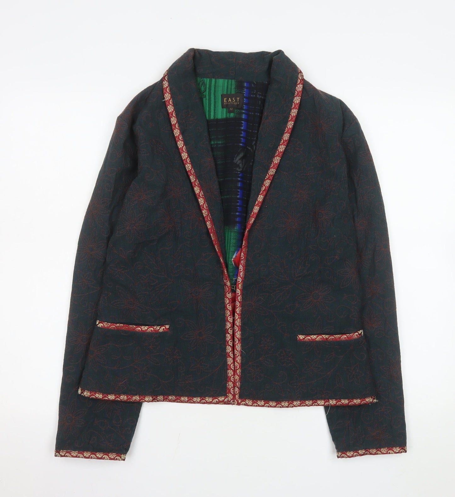 EAST Women Green Floral Cotton Lined Shawl Lapel Blazer Size 12