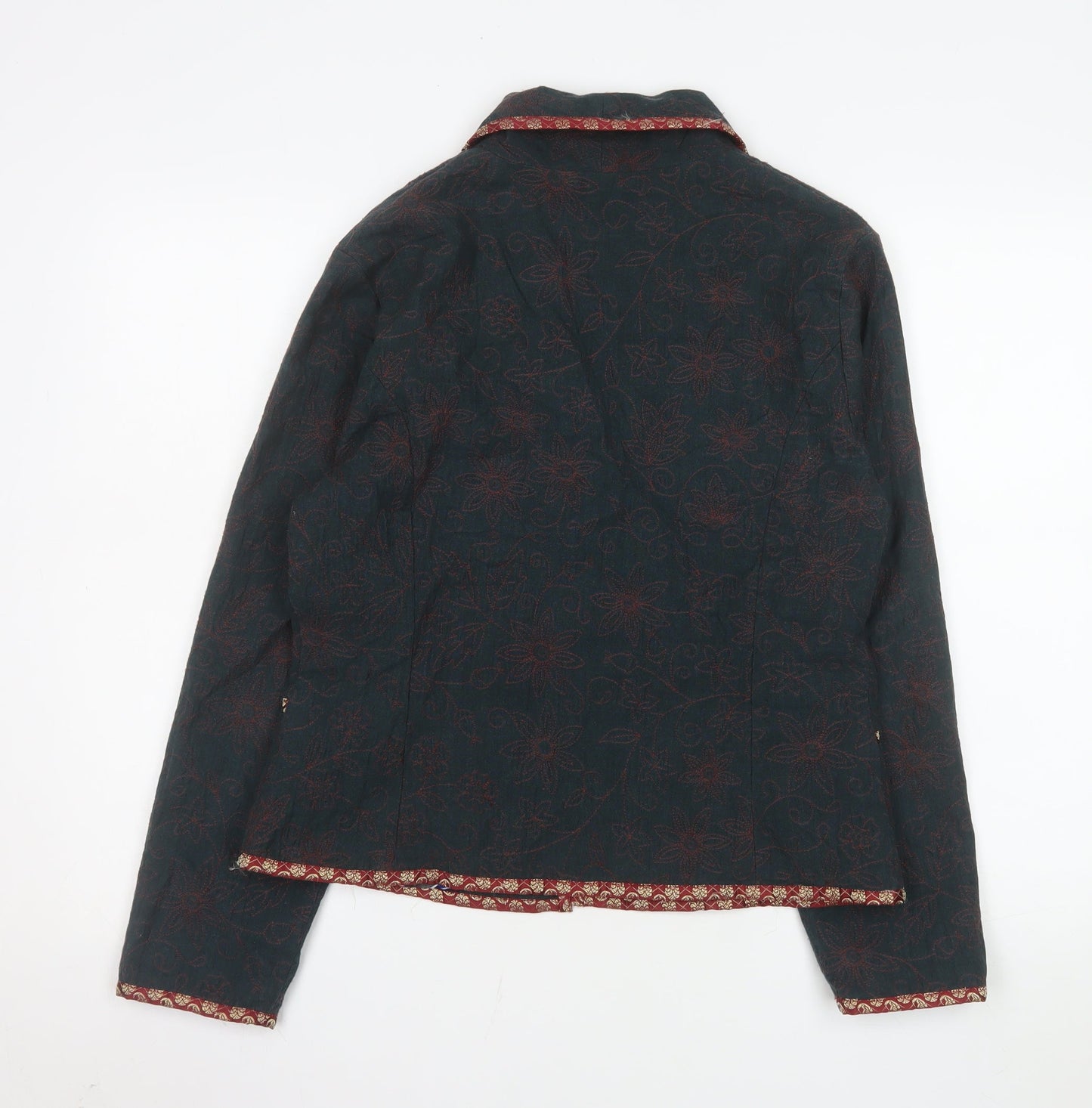 EAST Women Green Floral Cotton Lined Shawl Lapel Blazer Size 12